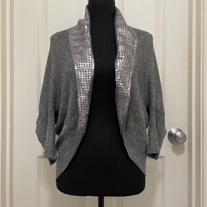 Vintage Cache Draped Open Front Cardigan Sweater Gray Wool Blend Sequin Trim S